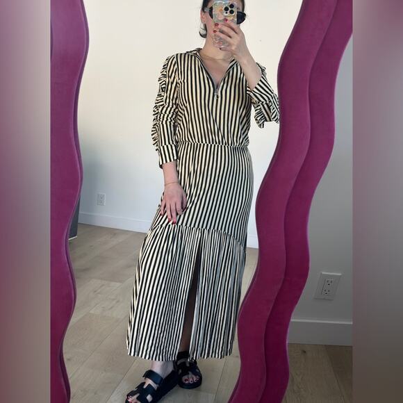Zara Dresses & Skirts - Zara stripe max dress with front slit. Ruffle arms and zip neck. Never worn